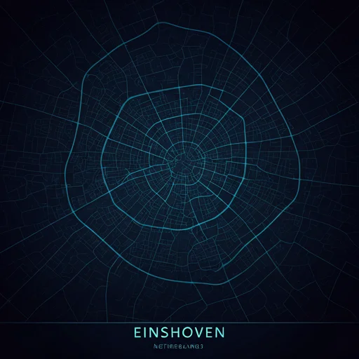 Moderne, donkere schematische plattegrond van Eindhoven, Nederland, met oplichtende cybertechnologische knooppunten en datalijnen.