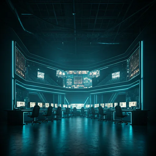 Breed interieurzicht van een grote esports-arena met meerdere gamingschermen, toeschouwersniveaus en gloeiende architecturale LED-verlichtingsaccenten