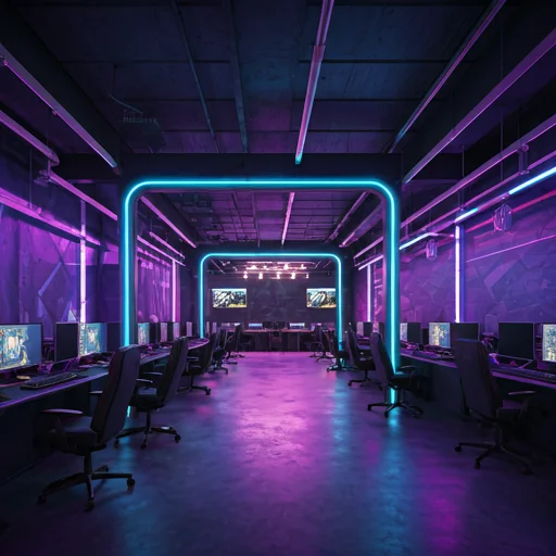 Interieur van een moderne, hoogwaardige esports-arena met paarse en blauwe neonverlichting en professionele gaming-opstellingen.