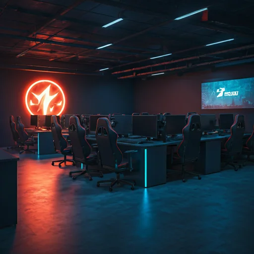 Professionele esports club interieur met rijen gamingcomputers, ergonomische stoelen en een gloeiend neonlogo aan de muur in een moderne gaminglocatie