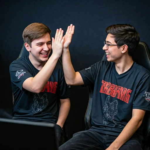 Twee esports-teamgenoten die elkaar een high-five geven terwijl ze glimlachen tijdens een gamesessie, wat teamwork en een vriendelijke competitie-uitstraling vertegenwoordigt