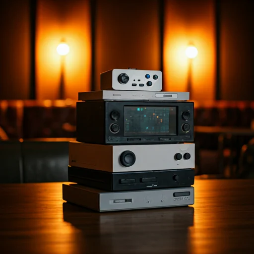 Stapels retro-audioapparatuur geplaatst op een houten tafel met warme sfeerverlichting in een donkere studio-achtige interieuromgeving