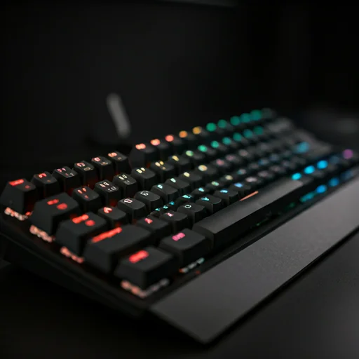 Close-up schuine aanzicht van een RGB mechanisch toetsenbord op een donker bureau met meerkleurige verlichte toetsen in een gaming-opstelling