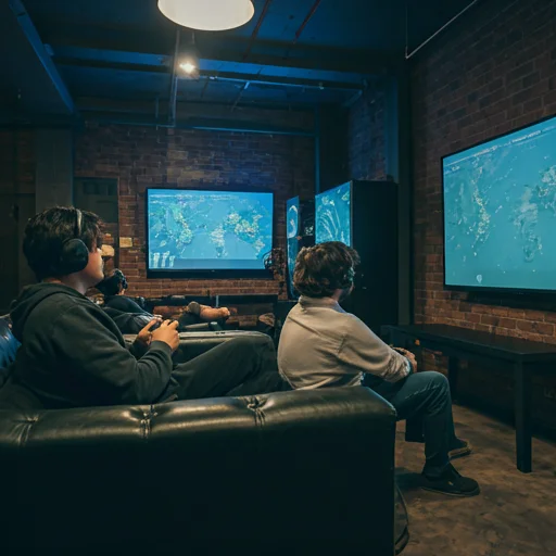 Groep spelers zittend in een gaming lounge die consolegames spelen op grote aan de muur gemonteerde schermen in een ontspannen sociale omgeving