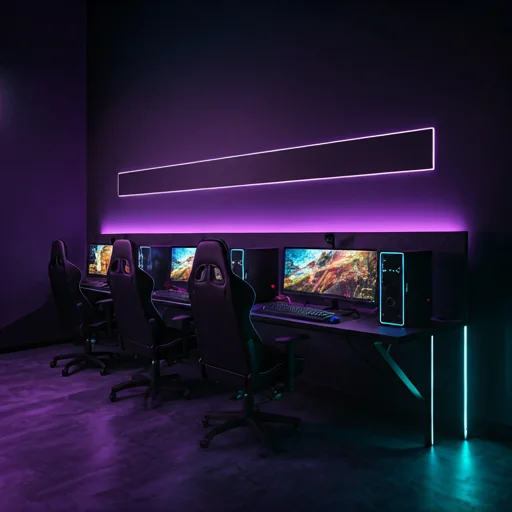Minimalistische gaming werkplek met meerdere gamestoelen, monitoren en zachte witte LED-wandverlichting in een moderne donkere kamer