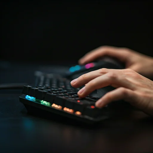 Close-up van handen die een RGB mechanisch gaming-toetsenbord gebruiken in een donkere opstelling met kleurrijk verlichte toetsen en gefocuste type-interactie