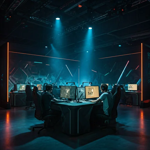 Moderne esports-trainingsruimte met meerdere spelers die zitten aan game-stations uitgerust met monitoren en headsets in een futuristische neonverlichte omgeving